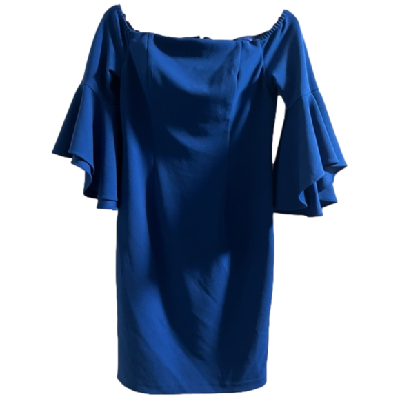 Women’s Calvin Klein Blue Off The Shoulder Cocktail Dress w/ Bell Sleeves Size 6 - Picture 1 of 5